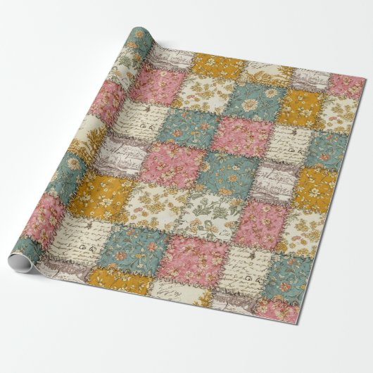 Pastel Bloemige Patchwork Picknick Patroon (12) Cadeaupapier (Uitgerold)