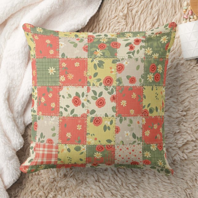 Pastel Bloemige Patchwork Picknick Patroon (12) Kussen (Deken)