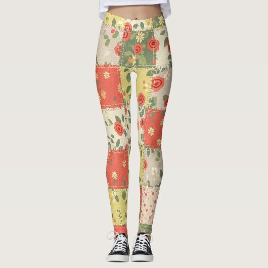 Pastel Bloemige Patchwork Picknick Patroon (12) Leggings (Voorkant)