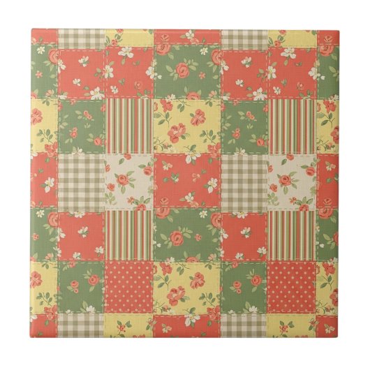 Pastel Bloemige Patchwork Picknick Patroon (2) Tegeltje (Voorkant)