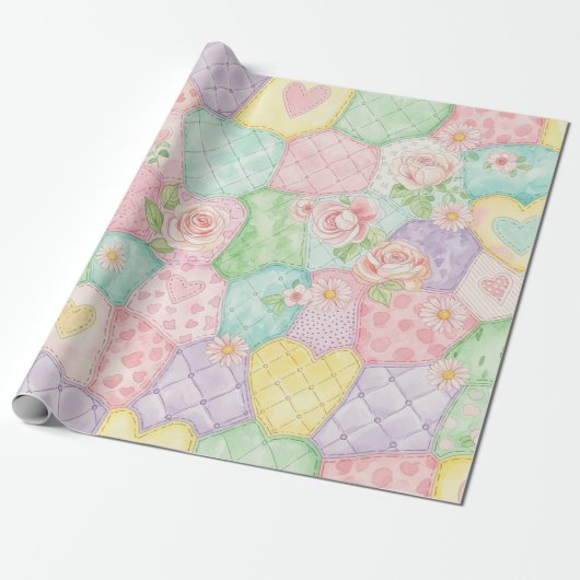 Pastel Bloemige Patchwork Picknick Patroon (4) Cadeaupapier (Uitgerold)