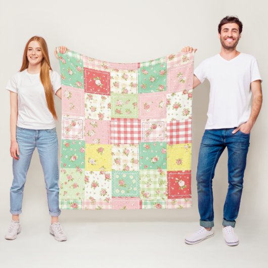Pastel Bloemige Patchwork Picknick Patroon (5) Fleece Deken (In situ)