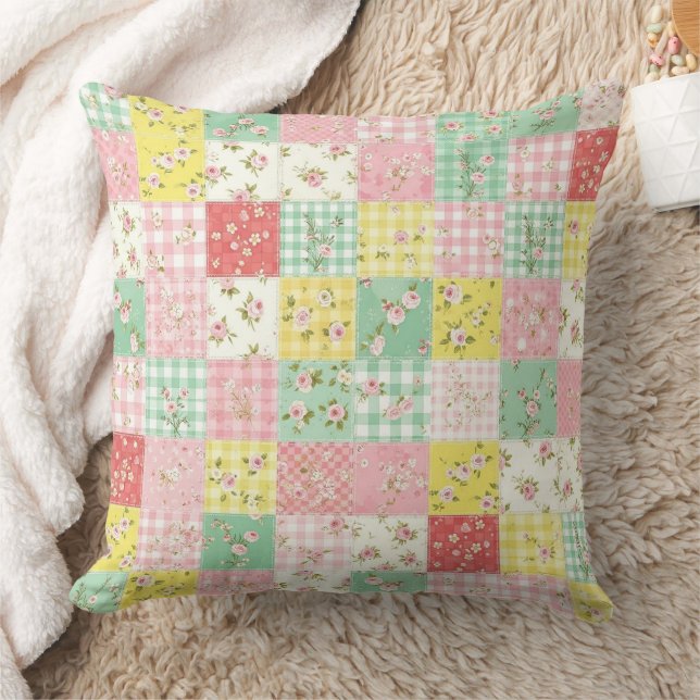 Pastel Bloemige Patchwork Picknick Patroon (6) Kussen (Deken)