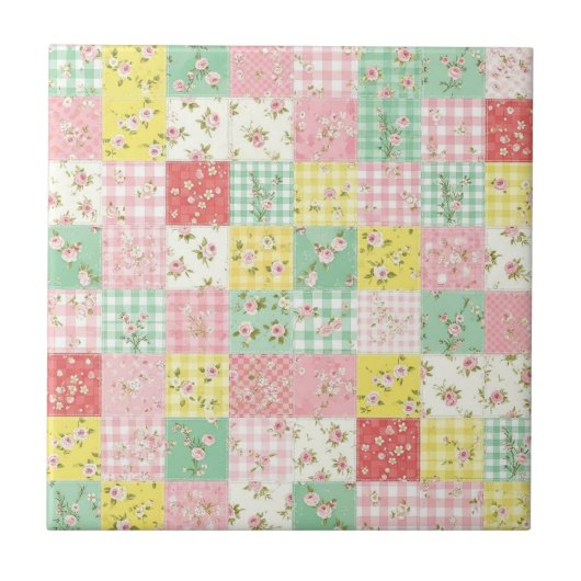 Pastel Bloemige Patchwork Picknick Patroon (6) Tegeltje (Voorkant)