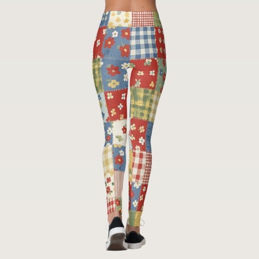 Pastel Bloemige Patchwork Picknick Patroon (9) Leggings (Achterkant)