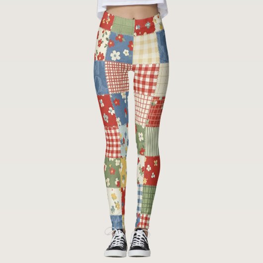 Pastel Bloemige Patchwork Picknick Patroon (9) Leggings (Voorkant)