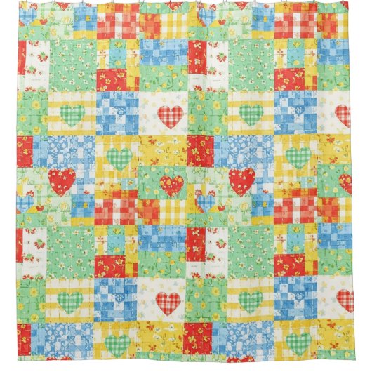 Pastel Bloemige Patchwork Picknick Patroon Douchegordijn (Voorkant)