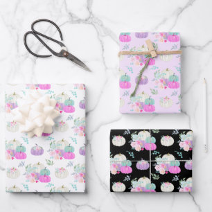 Pastel Bloemige Pompoenen in Roze, Paars en Blauw Inpakpapier Vel