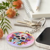 Pastel Bloemige Schedel Sleutelhanger (Voorkant Rechts)