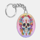 Pastel Bloemige Schedel Sleutelhanger (Voorkant Links)