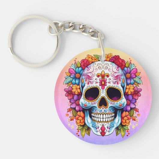 Pastel Bloemige Schedel Sleutelhanger (Voorkant)