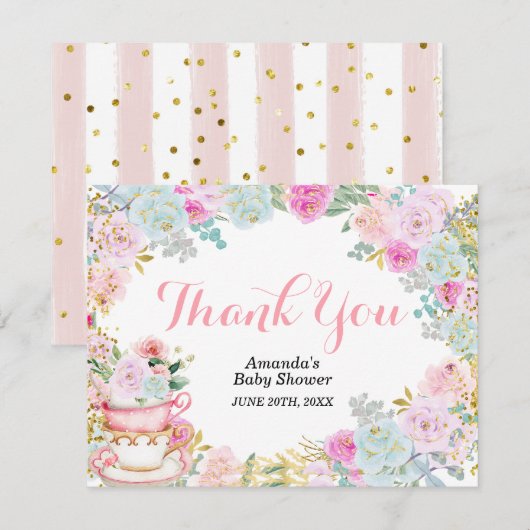 Pastel Bloemige Theepartij Gouden Glitter Bedankt (Voorkant / Achterkant)