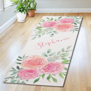 Pastel Bloemige Waterverf Naam Monogram Yogamat