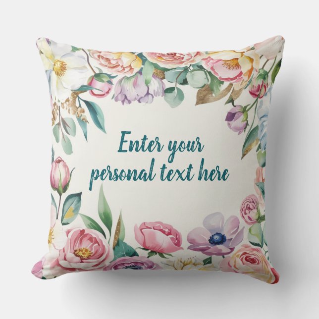 Pastel Bloemmotief - Aanpasbare Tekst Kussen (Voorkant)