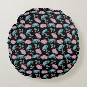 Pastel Bloempatroon op Zwarte Achtergrond Cute D Rond Kussen