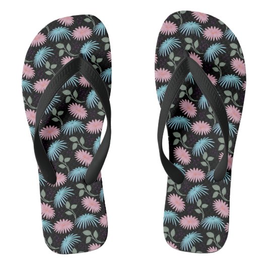Pastel Bloempatroon op Zwarte Achtergrond | Cute D Teenslippers (Voetbed)