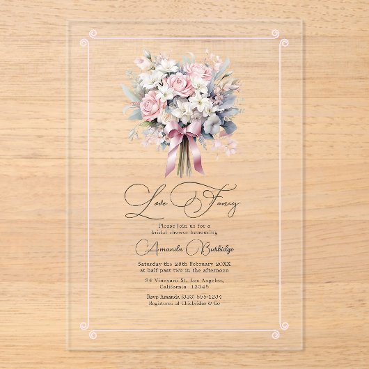 Pastel Bloemrijke Romantische Liefde Fijne Bruids  Acryl Uitnodigingen (Voorkant)