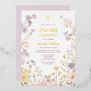 Pastel Bloemstuk Eerste Heilige Communie Folie Uitnodiging