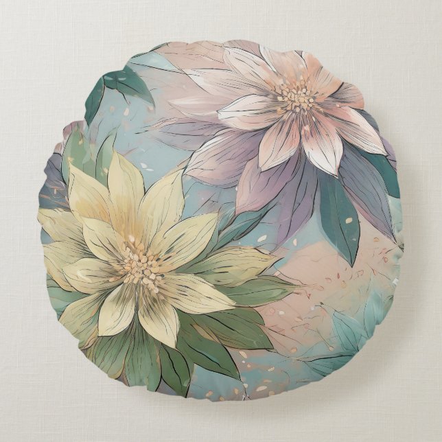 Pastel Blossom Burst: Bloemen explosie patroon Rond Kussen (Voorkant)
