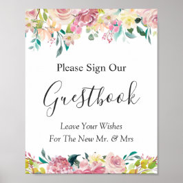 Pastel Blozende Chic Bloemige Trouw Gastboek Bord Poster