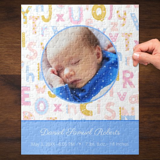 Pastel Blue ABC Birth Record plaats Baby Boys Foto Legpuzzel