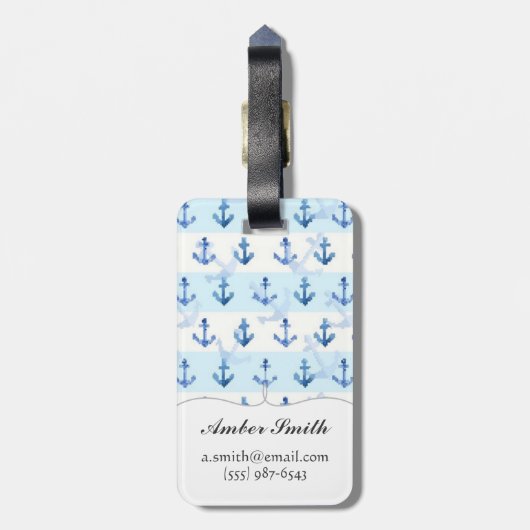 Pastel Blue Anchor Pattern Bagagelabel (Achterkant verticaal)
