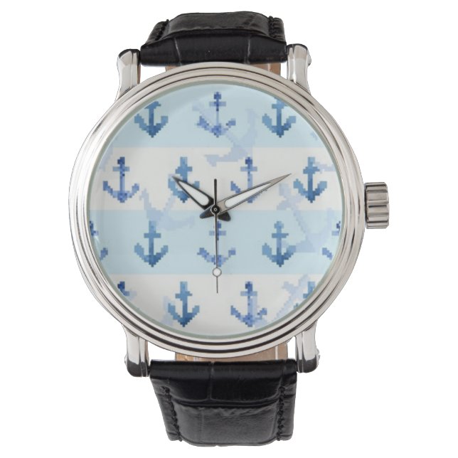 Pastel Blue Anchor Pattern Horloge (Voorkant)