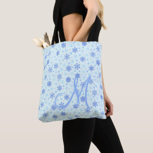 Pastel Blue Baby Blue Snowflakes Monogram Initiaal Tote Bag