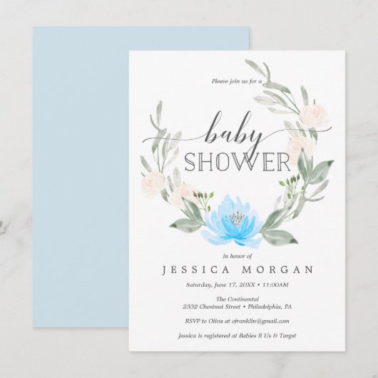 Pastel Blue Baby shower Invitation Shower nodigt u Kaart (Voorkant / Achterkant)