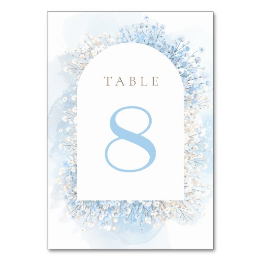 pastel blue baby's breath table number kaart (Voorkant)