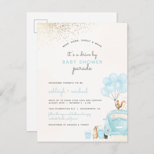 Pastel Blue Balloons Auto rijden door Boy Baby sho Uitnodiging Briefkaart (Voorkant / Achterkant)