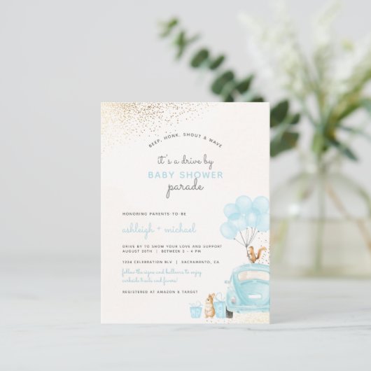 Pastel Blue Balloons Auto rijden door Boy Baby sho Uitnodiging Briefkaart (Staand voorkant)
