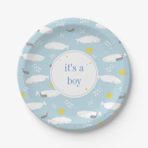 Pastel blue beluga walvissterren baby shower desig papieren bordje