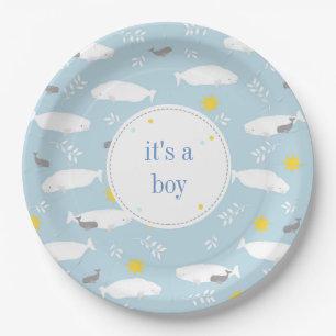 Pastel blue beluga walvissterren baby shower desig papieren bordje