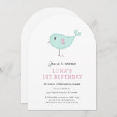 Pastel Blue Bird 1e verjaardag uitnodiging (Voorkant / Achterkant)