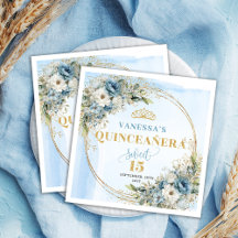 Pastel Blue Boho Floral Gold Glitter 15th Birthday