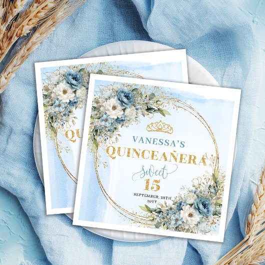 Pastel Blue Boho Floral Gold Glitter 15th Birthday Servet