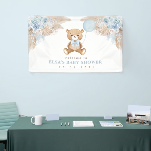 Pastel Blue Boho Pampas Teddy Bear Welkom Baby Spandoek (Beurs)
