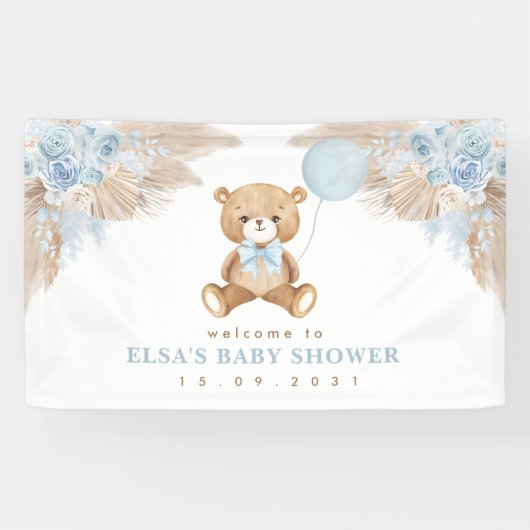 Pastel Blue Boho Pampas Teddy Bear Welkom Baby Spandoek (Horizontaal)