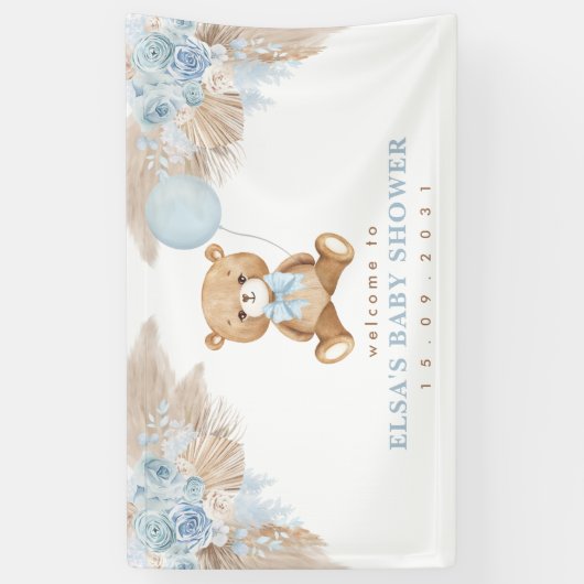 Pastel Blue Boho Pampas Teddy Bear Welkom Baby Spandoek (Verticaal)