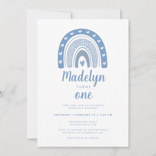 Pastel Blue Boho Rainbow First Birthday Kaart (Voorkant)