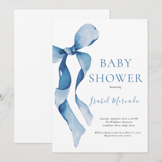 Pastel Blue Bow Baby shower Kaart (Voorkant / Achterkant)