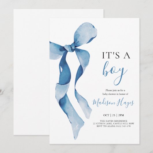 Pastel Blue Bow Baby shower Kaart (Voorkant / Achterkant)