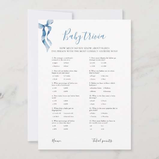 Pastel Blue Bow Baby Trivia Baby shower Game Kaart (Voorkant)