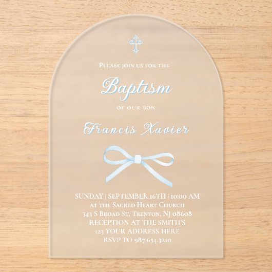 pastel blue bow Baptism Acryl Uitnodigingen (Voorkant)