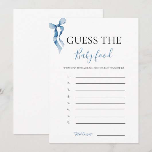 Pastel Blue Bow Guess De Baby Voedsel Spel Kaart (Voorkant / Achterkant)
