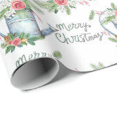 Pastel Blue Brush Script Merry KerstFloral Cadeaupapier (Rol Hoek)