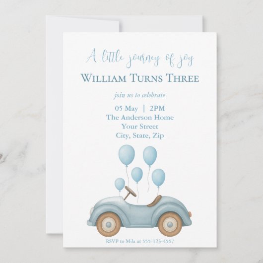 Pastel Blue Car & Balloons Boys Verjaardagsfeest - Kaart (Voorkant)