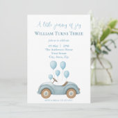 Pastel Blue Car & Balloons Boys Verjaardagsfeest - Kaart (Staand voorkant)