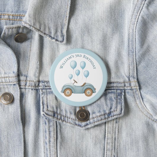 Pastel Blue Car & Balloons Verjaardagsfeest Button (In situ)